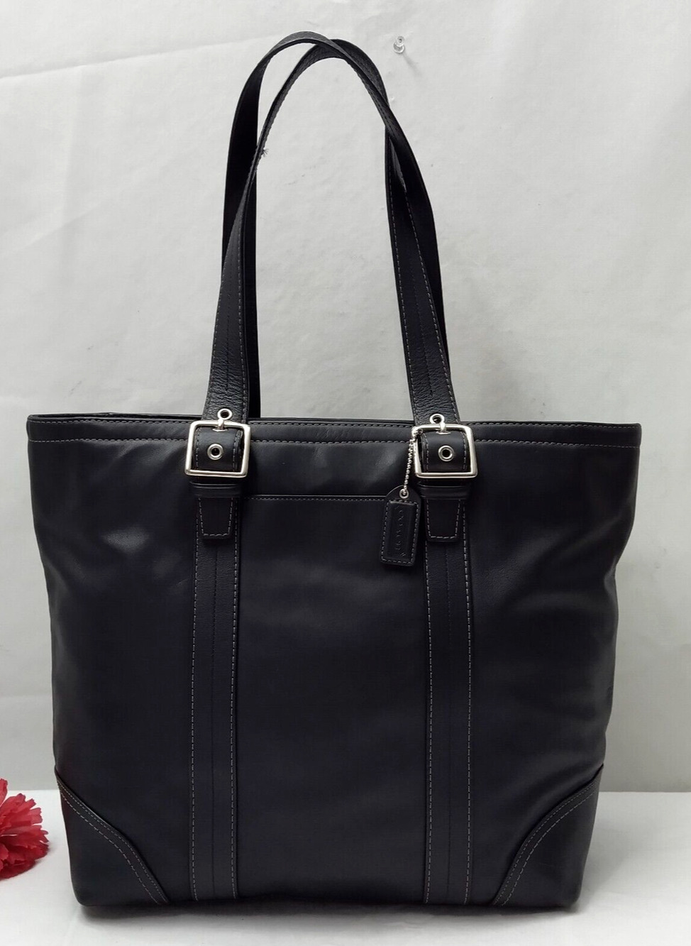Coach Black Leather Double Handle Zipper Closure Tote Shoulder Bag